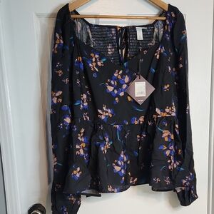 Ava & Viv Black Floral Blouse with Blue and Orange Size 2X NWT